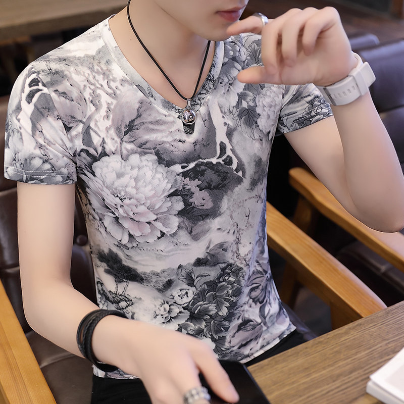 2025夏季新品冰丝短袖花T恤男士泼墨印花半袖潮流打底衫潮T006,男装T恤,星座1712-3