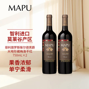 大地MAPU珍藏梅洛干红葡萄酒750ml双支瓶装智利原瓶进口红酒