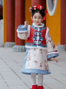 女童男童格格服清朝宫廷风旗袍裙儿童冬款加棉加厚汉服拜年裙马甲