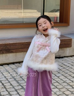 旗袍马甲女宝新年裤 儿童加厚中式 子加绒拜年服 新年款 女童汉服套装