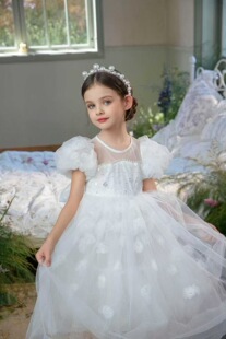 女童纯白玫瑰连衣裙夏装儿童洋气婚纱裙大童夏季表演礼服公主裙子