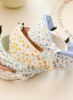 法式田园碎花头箍春季小清新绿色宽版交叉打结发箍甜美布艺压发卡