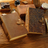 手工复古真皮记事本 疯马皮空白牛皮纸厚雕花笔记本素描本子礼品