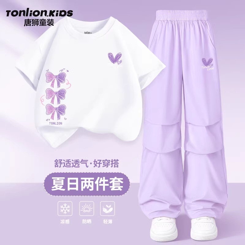 唐狮童装女童夏季套装2026新款大童纯棉短袖女孩工装裤夏装洋气薄