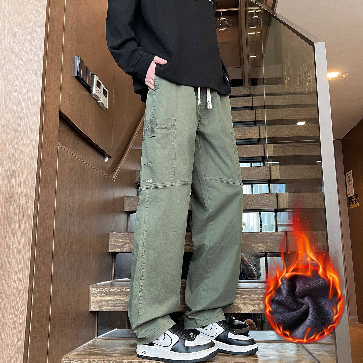 2025秋冬季欧美新款阔腿口袋加绒日韩工装直筒休闲长裤男潮PANTS