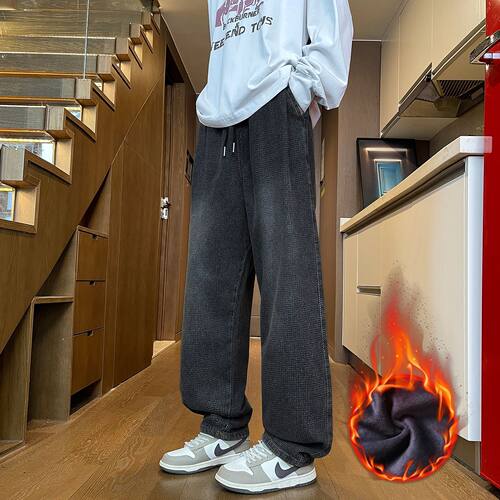 2025秋冬季欧美新款阔腿加绒日韩星空纹直筒休闲长裤男潮爆PANTS
