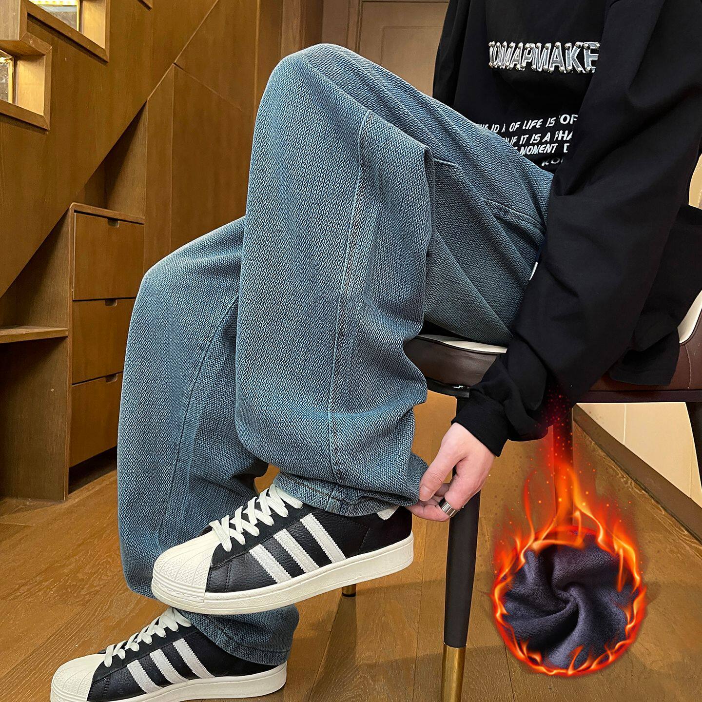 2025秋冬季欧美新款阔腿加绒日韩星空纹直筒休闲长裤男潮爆PANTS