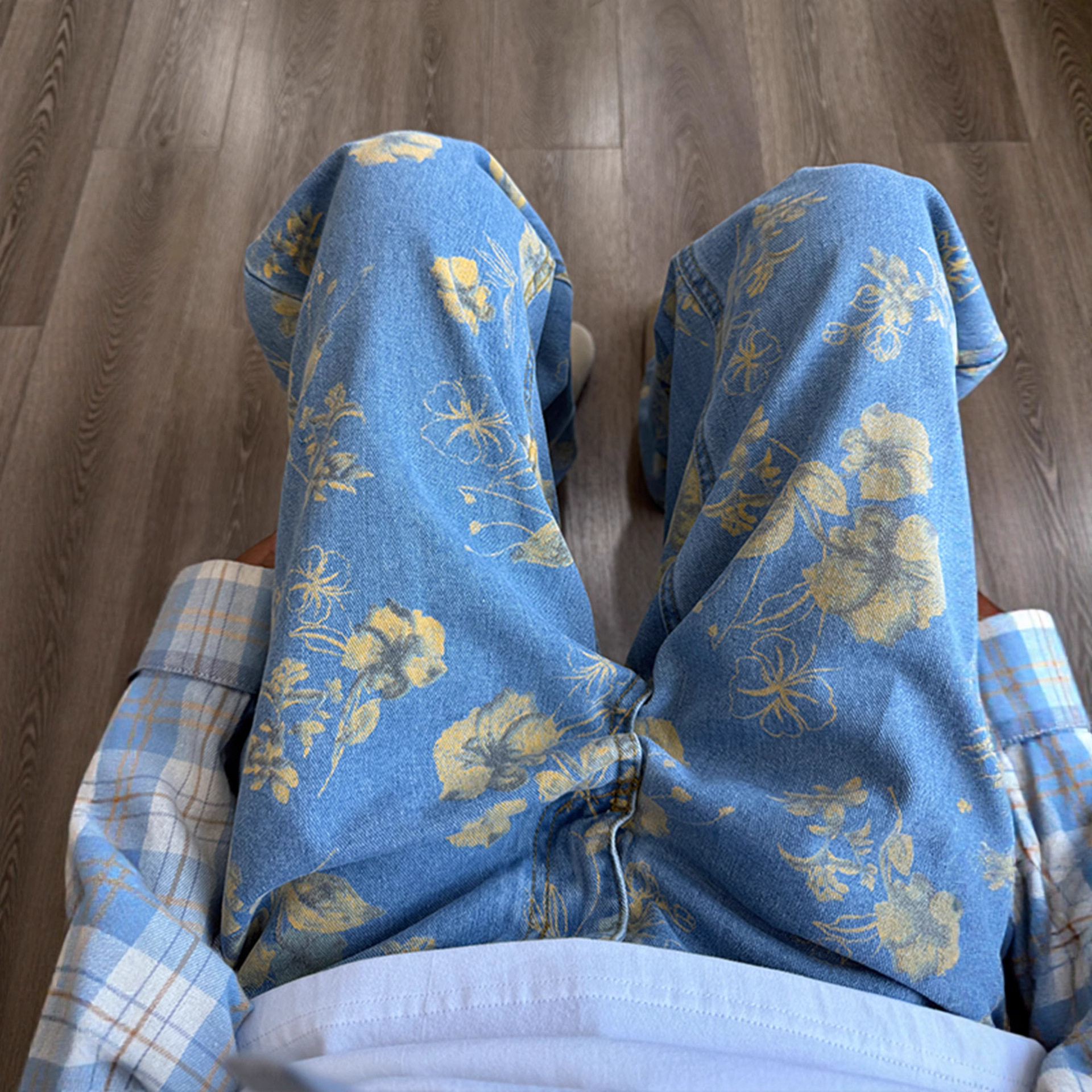 美式复古花卉提花牛仔裤男秋季高级痞帅宽松直筒休闲长裤设计感