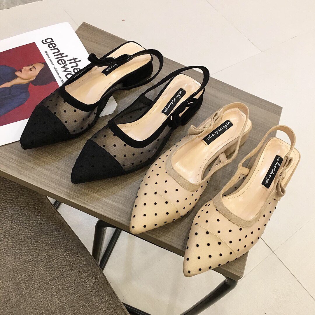 2020春季新款网纱波点包头凉鞋女外穿百搭气质网红低跟韩版女鞋潮