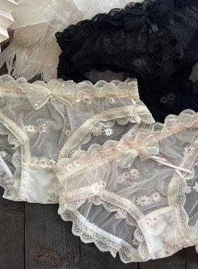 日系纯色轻薄透气提花网纱蝴蝶结大飞边甜美性感简欧中腰女内裤潮