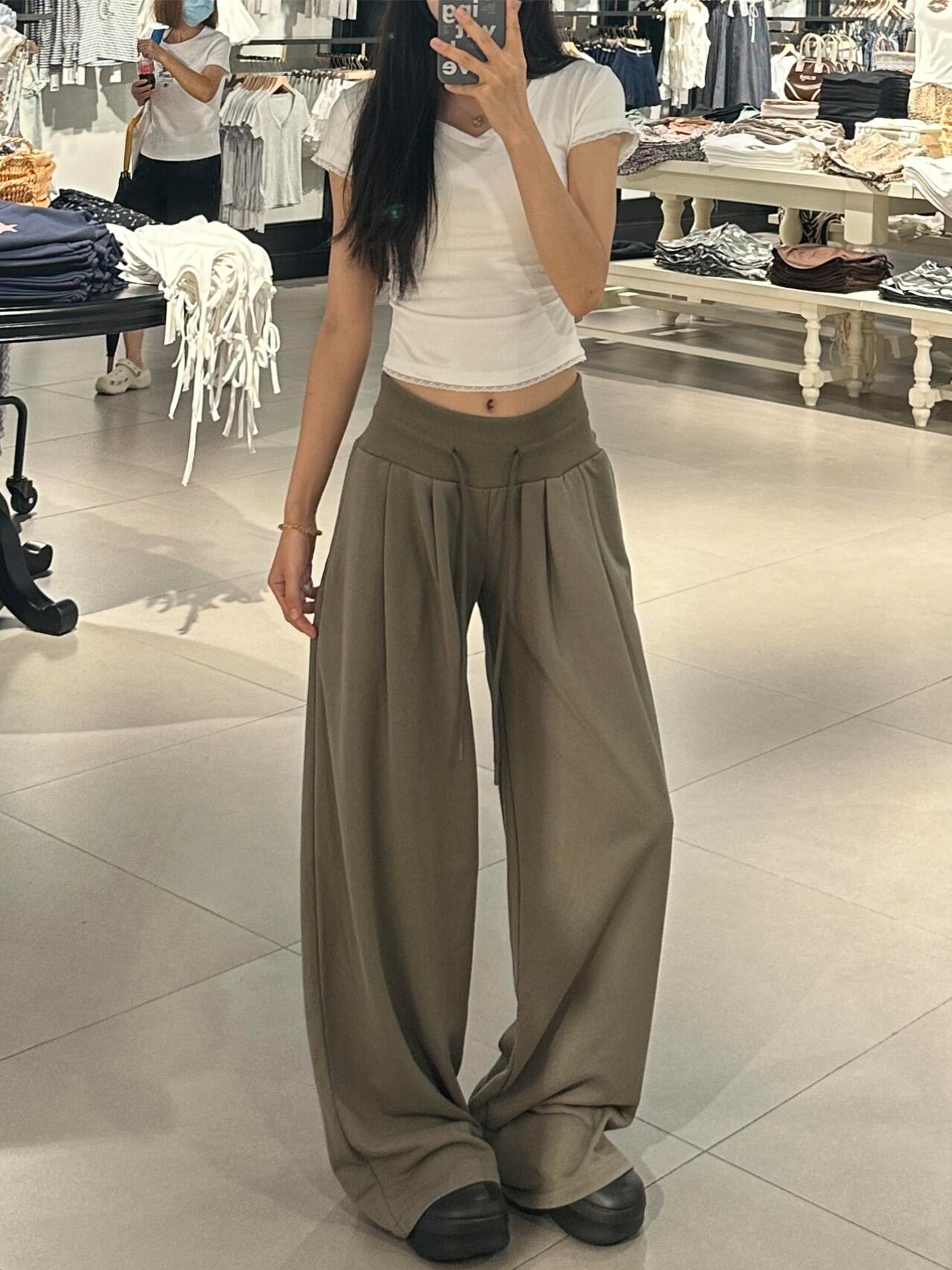 Gray Green American Sports Pants Women's Autumn 2025 New arrival Low Waist Slim Looking Drape Loose Lazy Wide Leg Pants