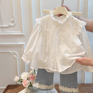女童薄衬衣日系木耳边领甜美棉质衬衫宝宝春秋长袖休闲上衣洋气