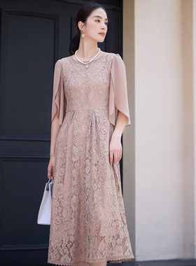 翠盈cuiying日系清新甜美风雪纺拼接中袖圆领长款蕾丝衣裙88530