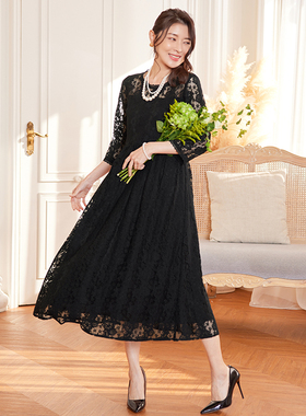 翠盈cuiying新款女装蕾丝七分袖圆领高腰淑女长款连衣裙88572
