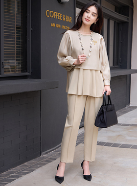 翠盈cuiying新品女士套装假两件上衣搭配通勤西裤两件套套装88669
