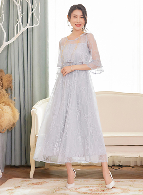 翠盈cuiying蕾丝拼接七分喇叭袖高腰优雅长款礼服连衣裙88333