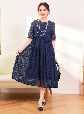 翠盈cuiying圆领蕾丝中袖高腰优雅气质长款礼服连衣裙88350