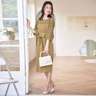 翠盈新品名媛礼服女纯色蕾丝拼接七分袖喇叭宽松中腰连衣裙88525