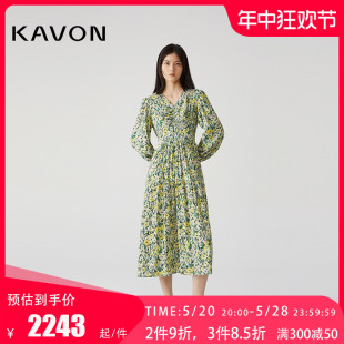 连衣裙 浪漫茶歇复古蕙兰碎花缩褶V领长袖 卡汶桑蚕丝法式 Kavon