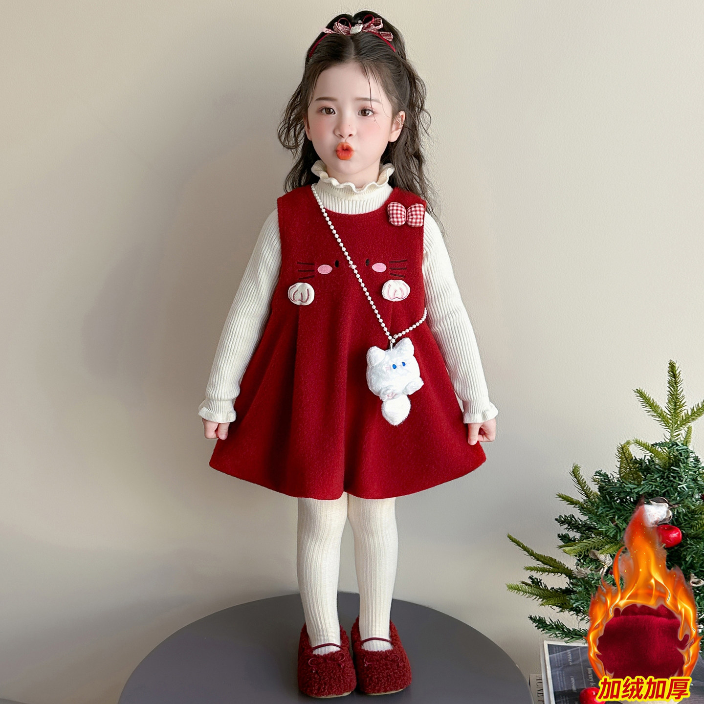 女童秋冬连衣裙儿童加绒裙子冬季小女孩毛衣背心冬裙红色过年套装