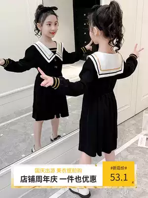 Girls' Academy Style Dress 2021 Spring and Autumn New New Western Princess Dress Korean Children's Autumn Navy Collar Skirt