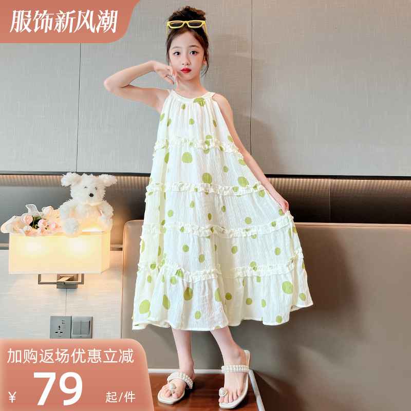女童挂脖连衣裙夏装无袖洋气儿童吊带裙夏季薄款裙子女孩沙滩长裙
