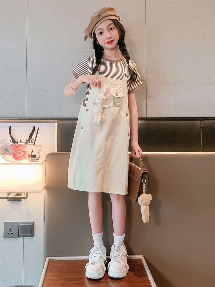 Girls summer dress 2024 new fashionable children's summer short-sleeved skirt fashionable girls strap skirt suit