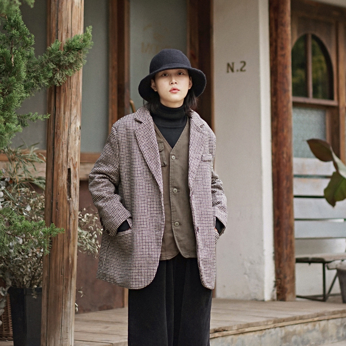 毛呢外套宽松休闲小格子复古西服