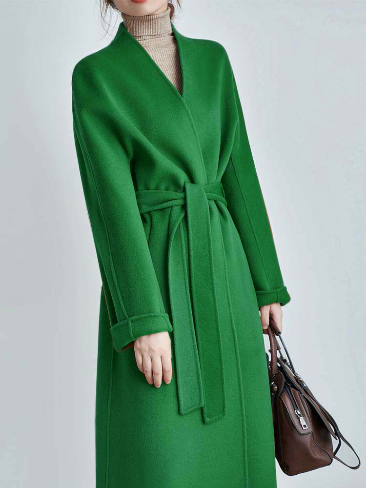 驼色无领双面羊绒呢大衣女2022新款韩版高级感中长款羊毛呢外套冬