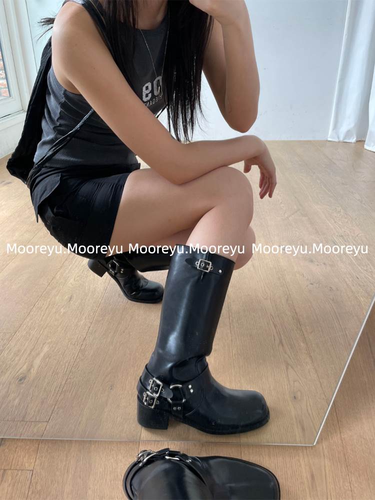 mooreyu马丁靴高跟骑士靴秋季不过膝靴子长靴女英伦风棕色高筒靴-封面