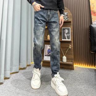 欧玖帅男装秋冬季爆款蓝色潮流设计水洗弹N力修身牛仔小脚长裤时