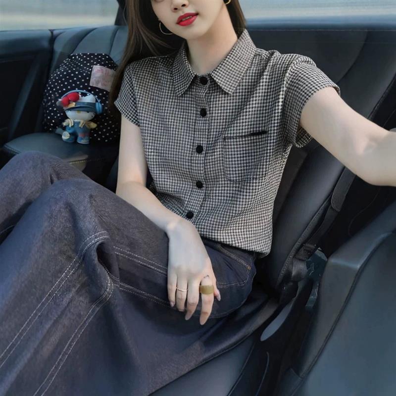 黑色翻领格纹短袖衬衫女夏季新款法式轻奢复古风衬衣洋气减龄上衣