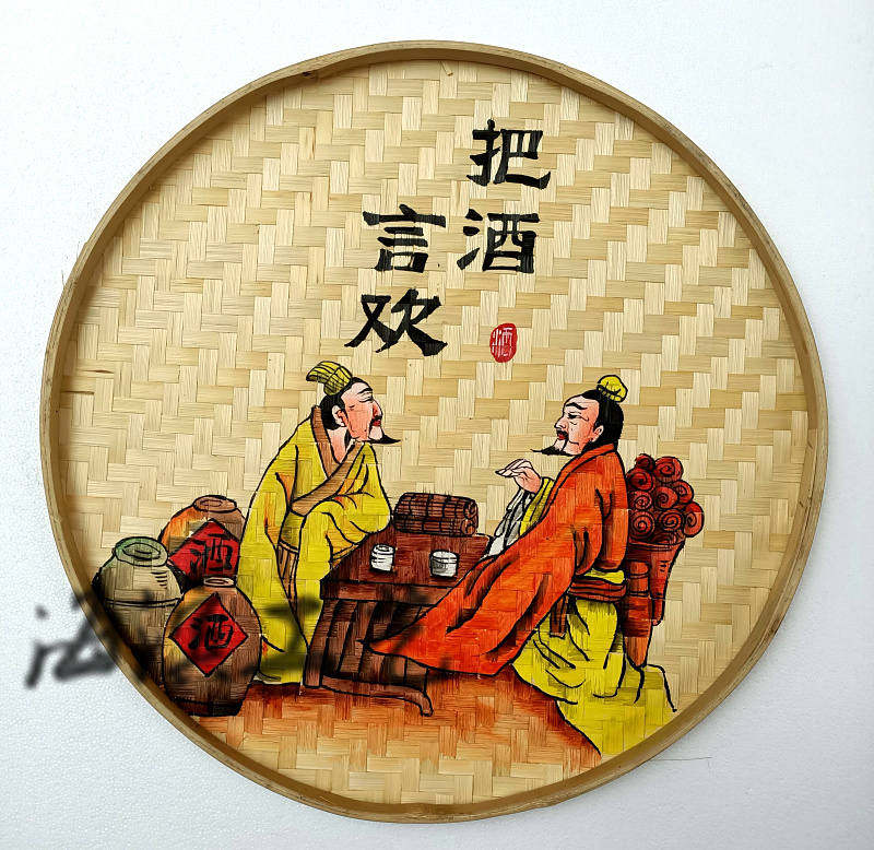 手绘竹编簸箕酒文化酒吧自酿佳酒画餐饮酒店墙面挂画酒庄酒楼素材