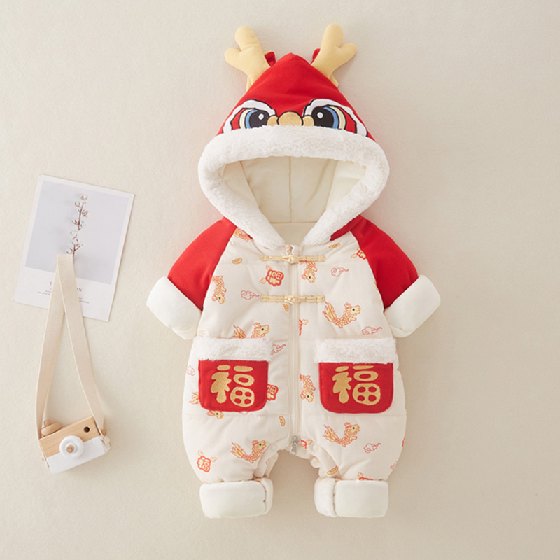 幼儿宝宝冬装棉衣中国风加绒棉袄满月衣服百天周岁哈衣婴儿连体衣