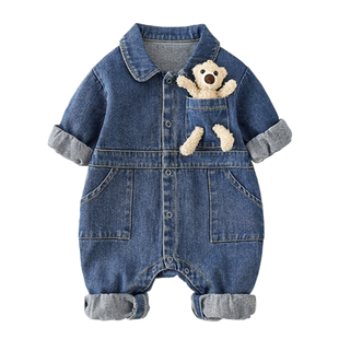 婴儿牛仔外套春秋连体衣外出服男女宝宝外穿衣服春装长袖爬服薄款