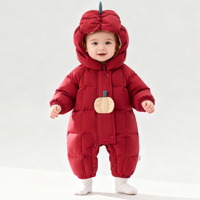 婴儿红色羽绒连体衣加厚保暖连帽外出服男女宝宝冬季喜庆厚外套