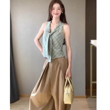 设计感绿色辣妹格纹领带收腰上衣女小众时尚百搭褶皱休闲裤女套装