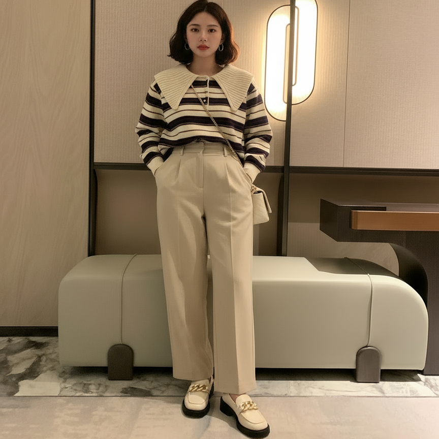 极简风卡其色直筒西装裤