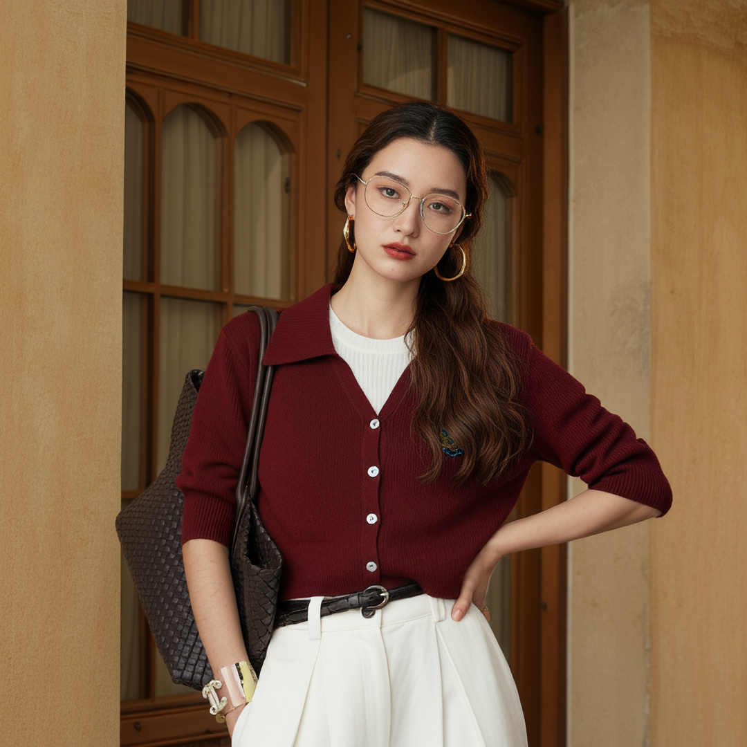 冬季学院风深红短款收腰针织衫