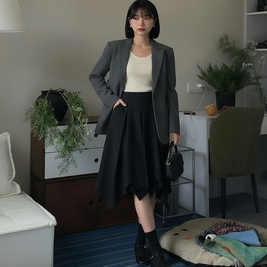 通勤风黑色不规则半身裙