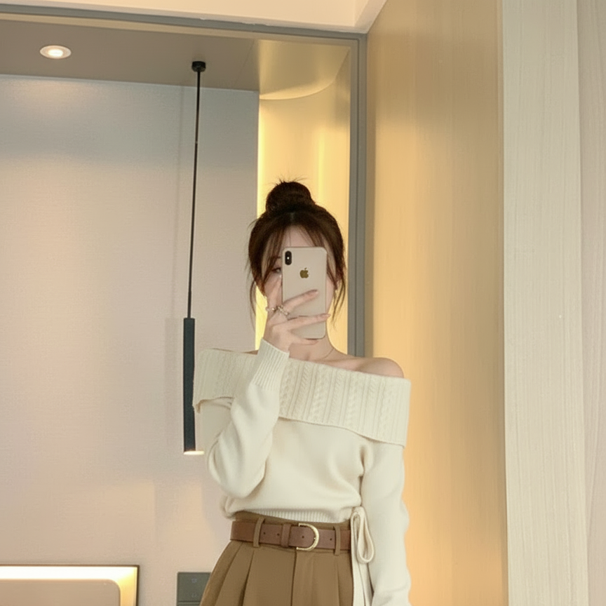 文艺淡粉橙宽松长袖毛衣