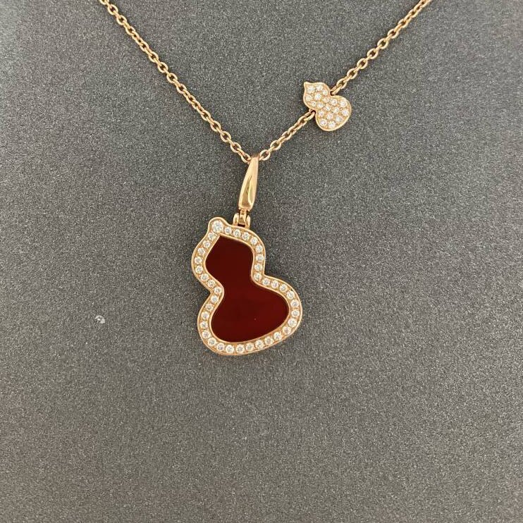 18k金真金真钻红玛瑙天然翡翠葫芦项链女Au750玫瑰金天然钻石吊坠