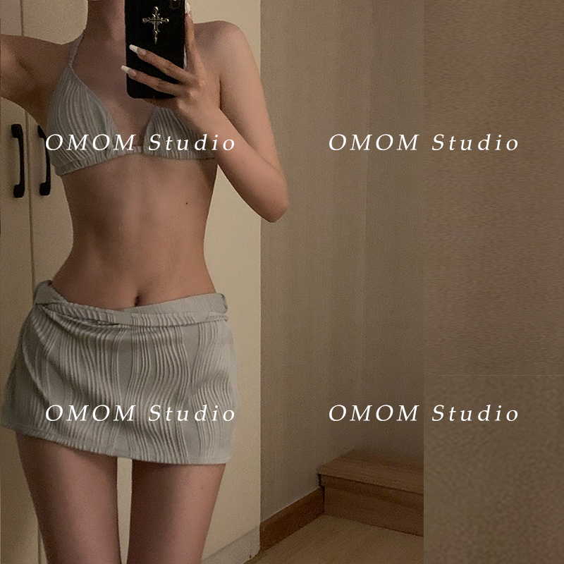 omom新款三角比基尼三件套泳衣女半身裙遮肚遮肉性感美背辣妹欧美
