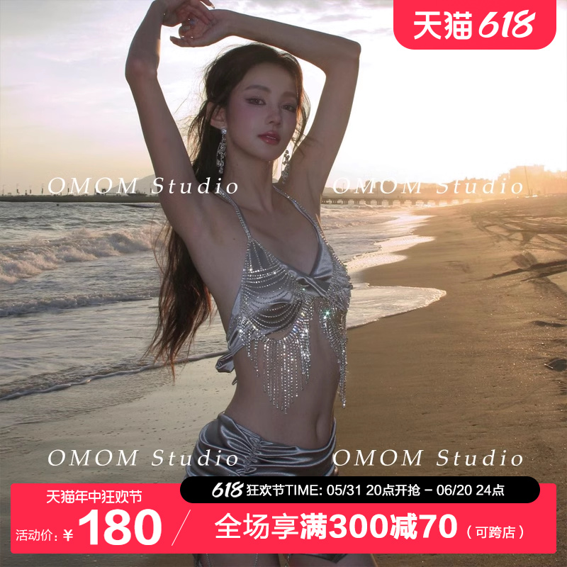 OMOM2024亮闪闪泳衣女式小胸性感比基尼四件套泳装海边度假