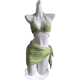 小清新绿色链条性感BIKINI泳衣比基尼女小胸聚拢海滩度假泳装2355