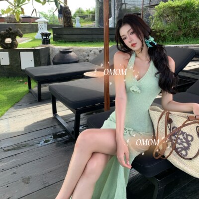 omom纯欲辣妹豆绿针织长裙比基尼三件套钢托聚拢沙滩度假长裙泳衣