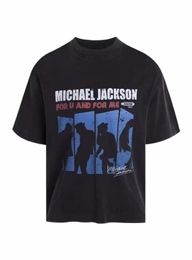 水洗做旧重磅短袖Vintage迈克尔杰克逊印花恶搞乐队美式街头T恤潮