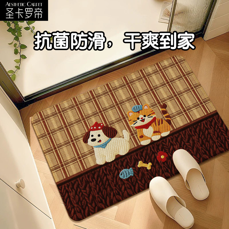 卡通动物仿亚麻编织卫生间洗手台吸水地垫厕所门口厨房防滑踩脚垫