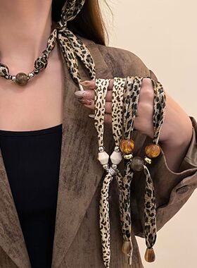 豹纹串珠蝴蝶结丝丝巾项链复古民族风锁骨链个性小众设计感颈链女
