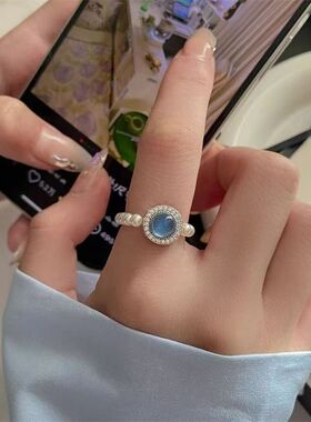 海蓝宝珍珠戒指大海蓝色珍珠指环小众设计感气质手饰女个性